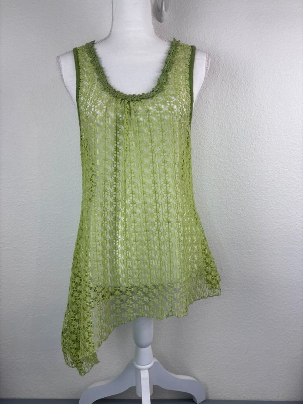 Vintage Adorn medium green crochet knit asymmetric coverup top Y2K 90's boho